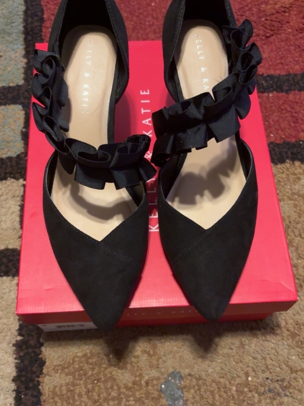 Kelly & Katie Black Pointed Toe Flats with Ruffle Strap